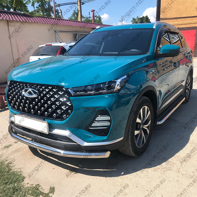 Пороги алюминиевые с нержавеющей площадкой для Chery Tiggo 7 2019+